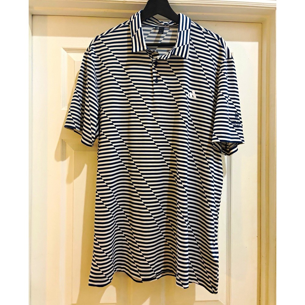 adidas Polo Shirt Men's XL Navy/White Striped Short Sleeve Embroidered Logo Golf